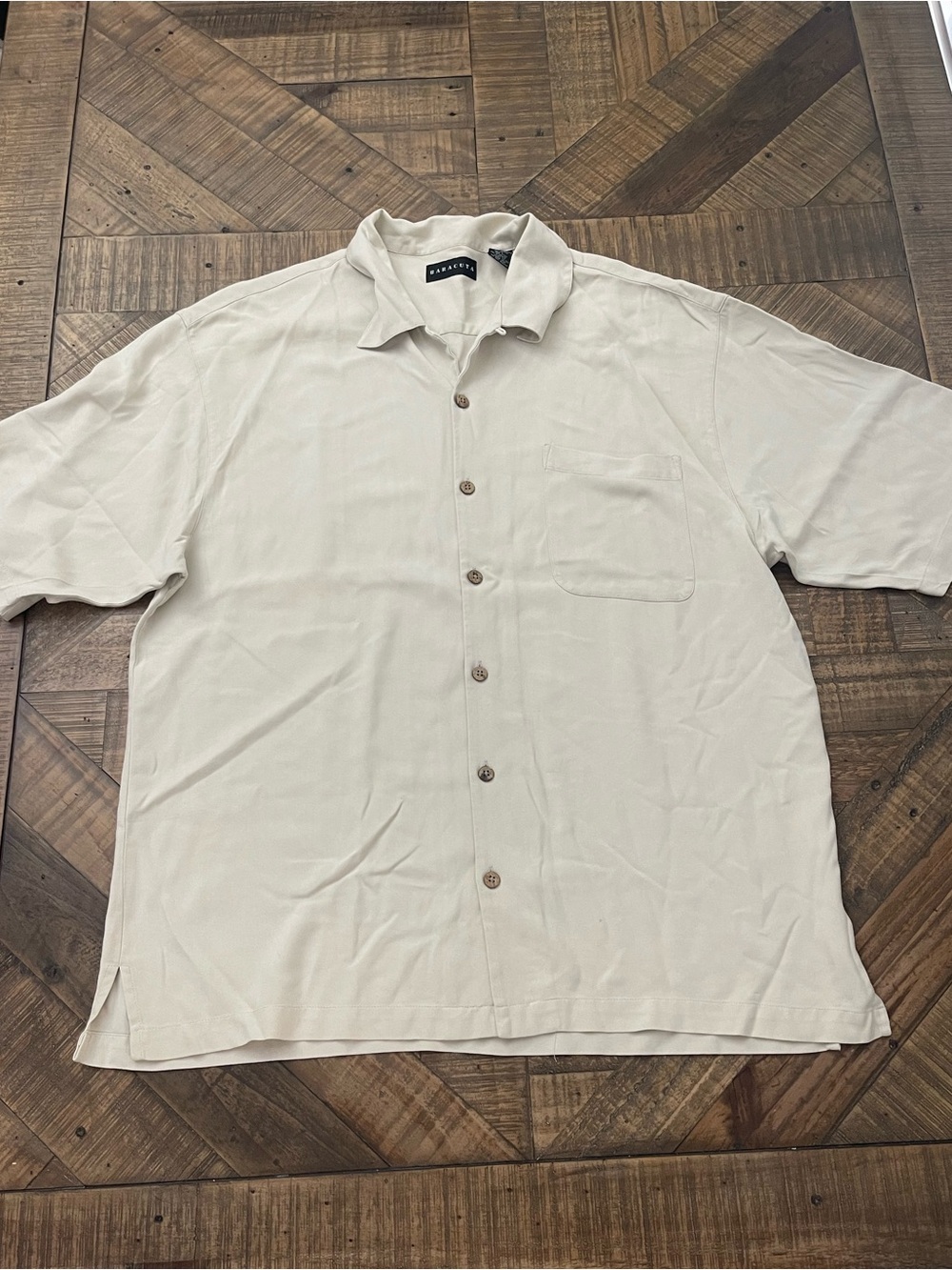Vintage Baracuta Men's 100% Silk Camp Collar Shirt Sand Beige Chevron XL